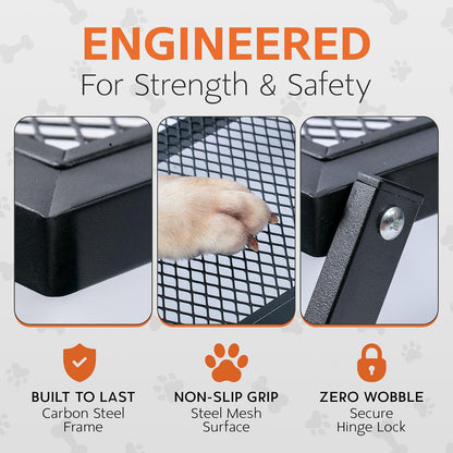 Foldable Dog Stairs for Cars Trucks & SUVs - Heavy-Duty Carbon Steel Pet Ladder Supports 230LB - Non-Slip Metal Mesh Joint-Friendly Portable Ramp for Large Dogs - 5 Step Pet Stairs w/Mat