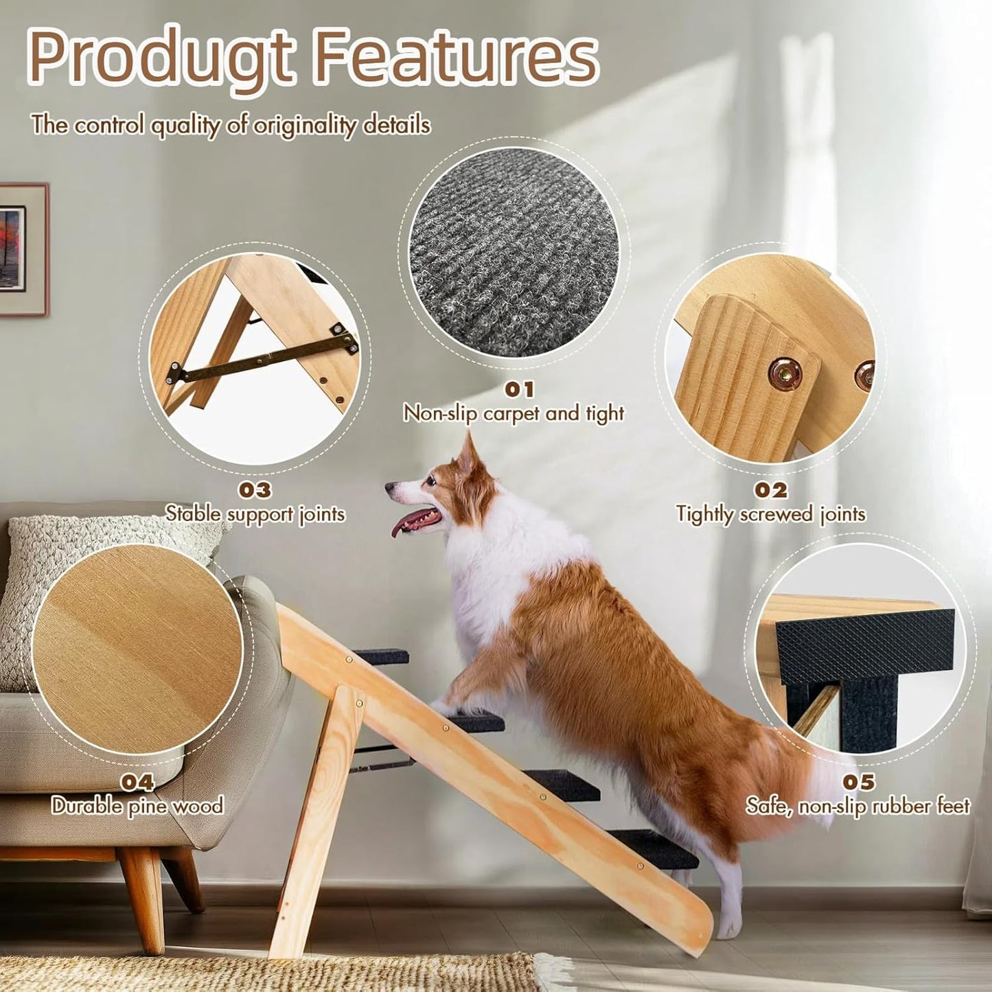 Wood Pet Stairs/Steps, 2-in-1 Foldable Dog Steps for Bed, Sofa, Couch and Cars, 3 Levels Dog/Cat Ladder & Ramp for Small Medium Large Pet, Wooden Frame Support Up to 110 lbs, Light Yellow