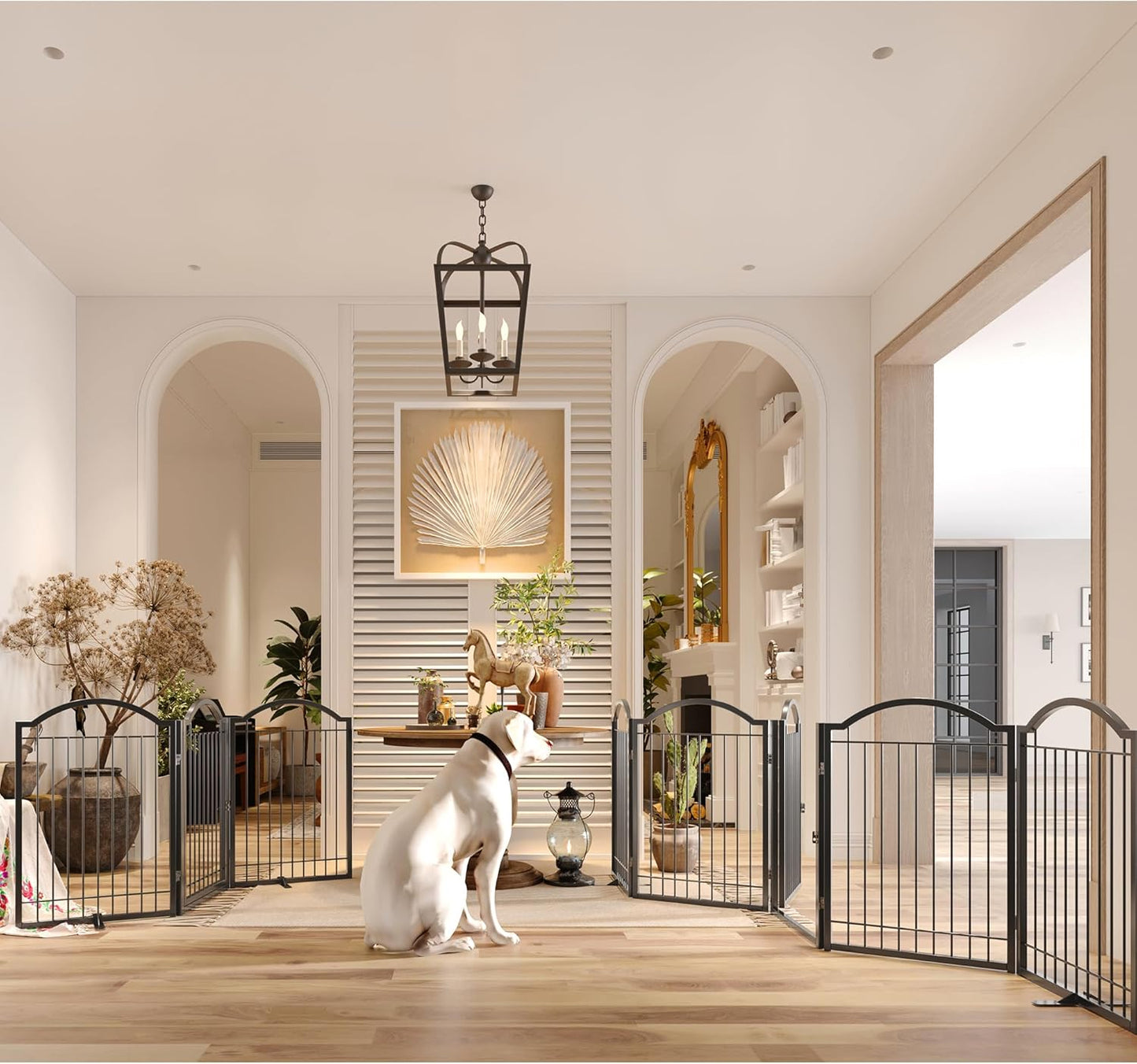 BHG Metal No-Assembly Freestanding Dog Gate with Door Walk Through, Extra Wide 144", Extra Tall 32" Pet Gate, Accordion Puppy Folding Playpen Dog Fence, with 2PCS Support (Black, 6 panesl)