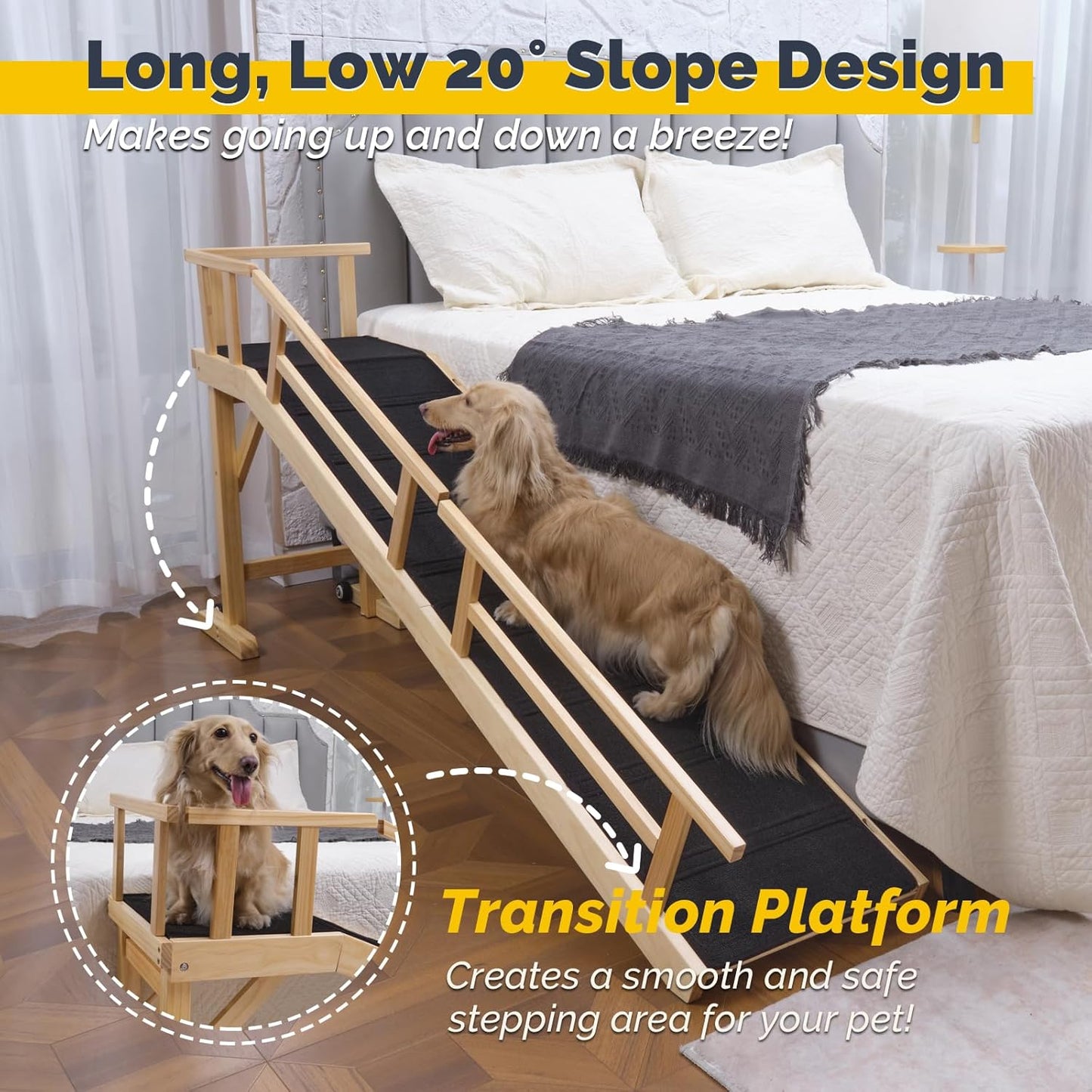 Dog Ramp for Bed or Couch, Wooden Pet Ramp with 20° Gentle Slope, Removable Side Rails, Non-Slip Surface, Top Platform & Wheels, Safe Bed Ramp for Small, Large & Senior Dogs, 60" Long, Mahogany