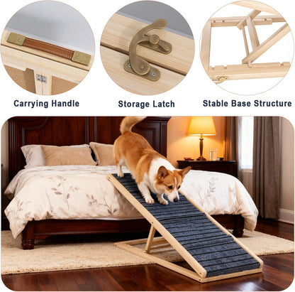 Folding Dog Ramp for Small & Medium Dogs, 39”L Wooden Pet Ramp with 4 Adjustable Heights 11”-23”, Non-Slip Dog Ramp for Bed, Couch & Car, Indoor Outdoor Travel Use