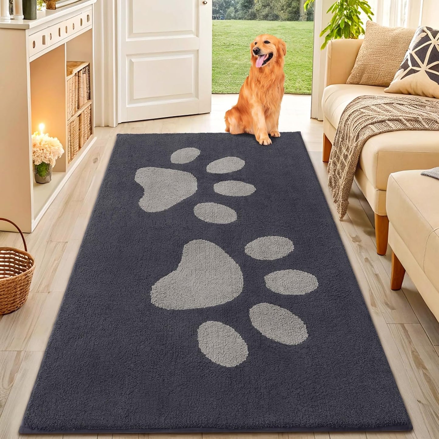 Smiry Dog Door Mat for Muddy Paws, Absorbs Moisture and Dirt, Low-Profile Entryway Mat with Non-Slip Backing, Entry Indoor Outdoor Doormat for Inside Floor (30x20 Inches, Grey, Striped)