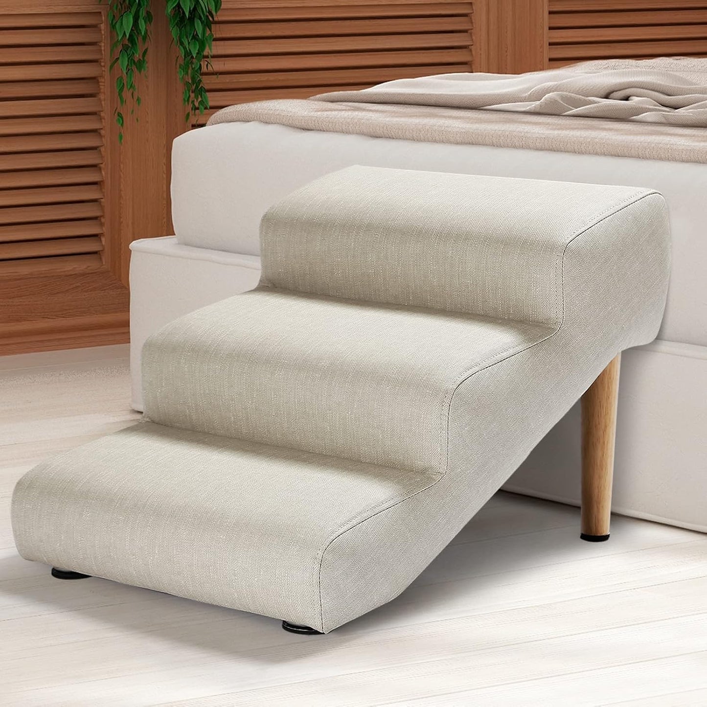 Senneny Imitation Linen Faux Leather Dog Stairs, for Pets up to 150 lbs, Waterproof, Scratch Resistant Pet Steps/Stairs with High Density Foam and Detachable Wooden Legs, Light Beige Linen, 4 Step