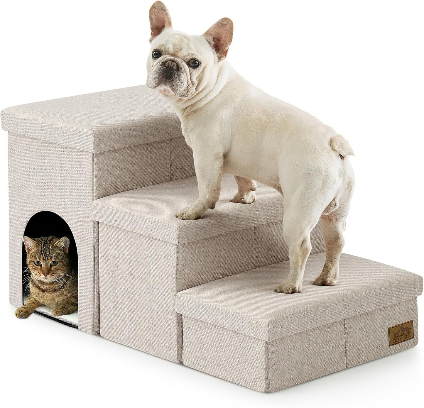 Dog Stairs with Storage, 4-Step Wider Sturdy Dog Steps for Small/Medium/Large Dogs and Older Cats, Folding Doggie Ramp for Bed/Couch/Car Hold Up to 180 lbs (22" H, Brown)