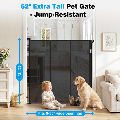 Reinforced 52" Extra Tall Dog Gate for Doorway, Jump-Resistant & Prevent Crawling Underneath Retractable Dog Gates Indoor, 0-55" W Retractable Baby Gate for Doorway, Safety Extra Tall Cat Gate, White