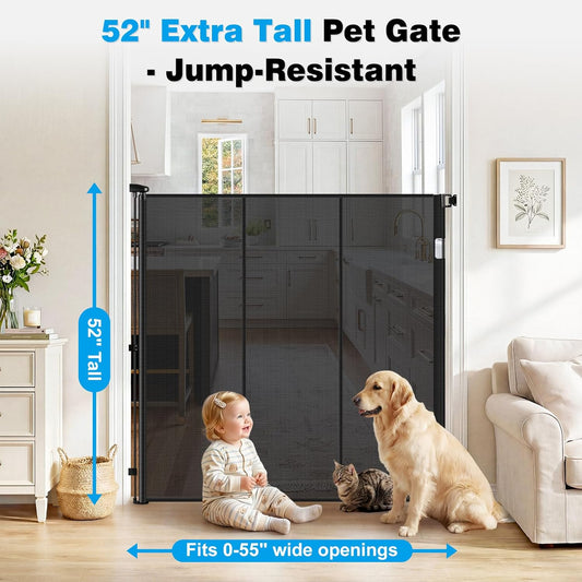 Reinforced 52" Extra Tall Dog Gate for Doorway, Jump-Resistant & Prevent Crawling Underneath Retractable Dog Gates Indoor, 0-55" W Retractable Baby Gate for Doorway, Safety Extra Tall Cat Gate, White