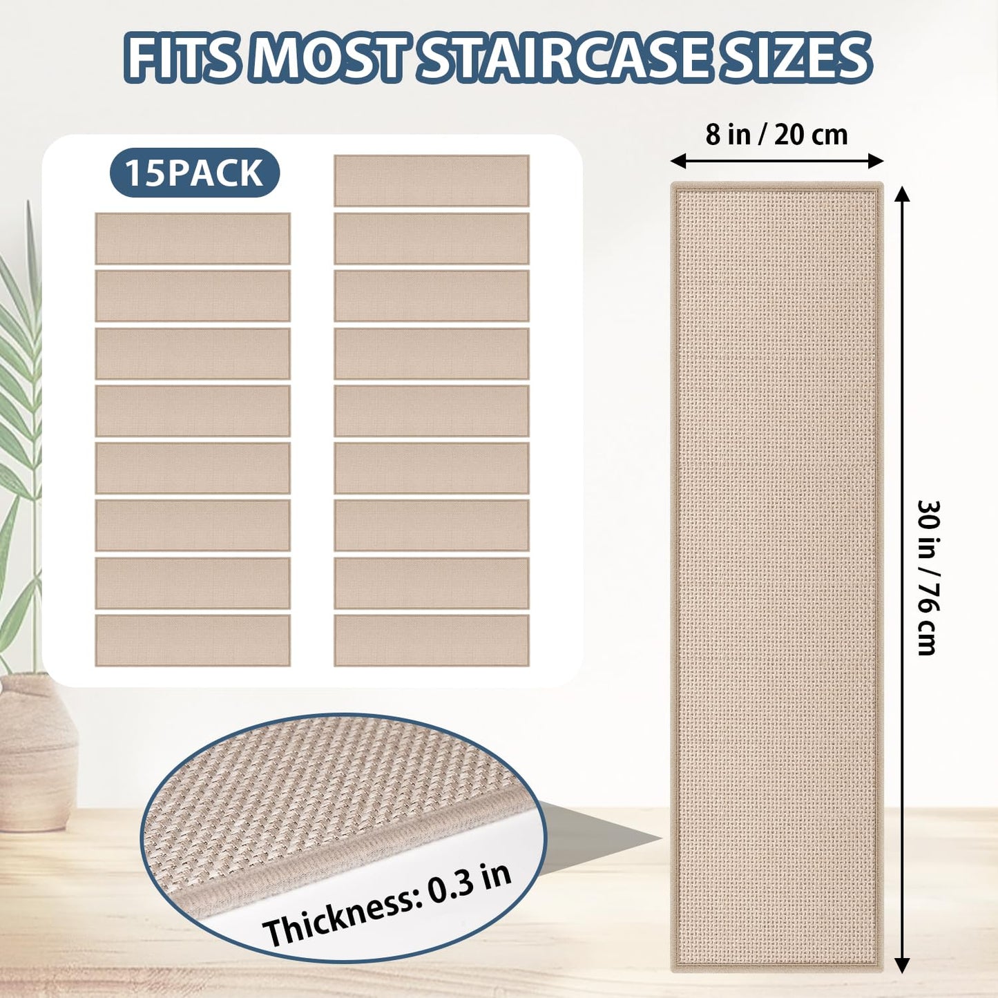 Peel and Stick Adhesive Stair Treads for Wooden Steps Indoor Set of 15 Pack, Rubber Backed Non Slip Jute Stair Rug Step Pads for Pet Dog, Elders and Kids, Beige
