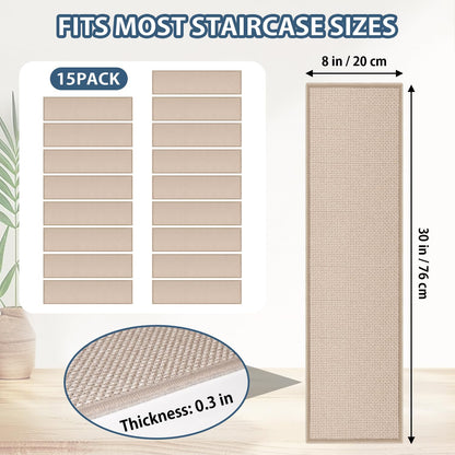 Peel and Stick Adhesive Stair Treads for Wooden Steps Indoor Set of 15 Pack, Rubber Backed Non Slip Jute Stair Rug Step Pads for Pet Dog, Elders and Kids, Beige