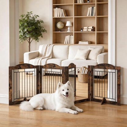 Vantas Espresso Wooden Folding Dog Gate 144" Wide x 30" Tall with Door, Freestanding Pet Gate, Pet Puppy Safety Fence