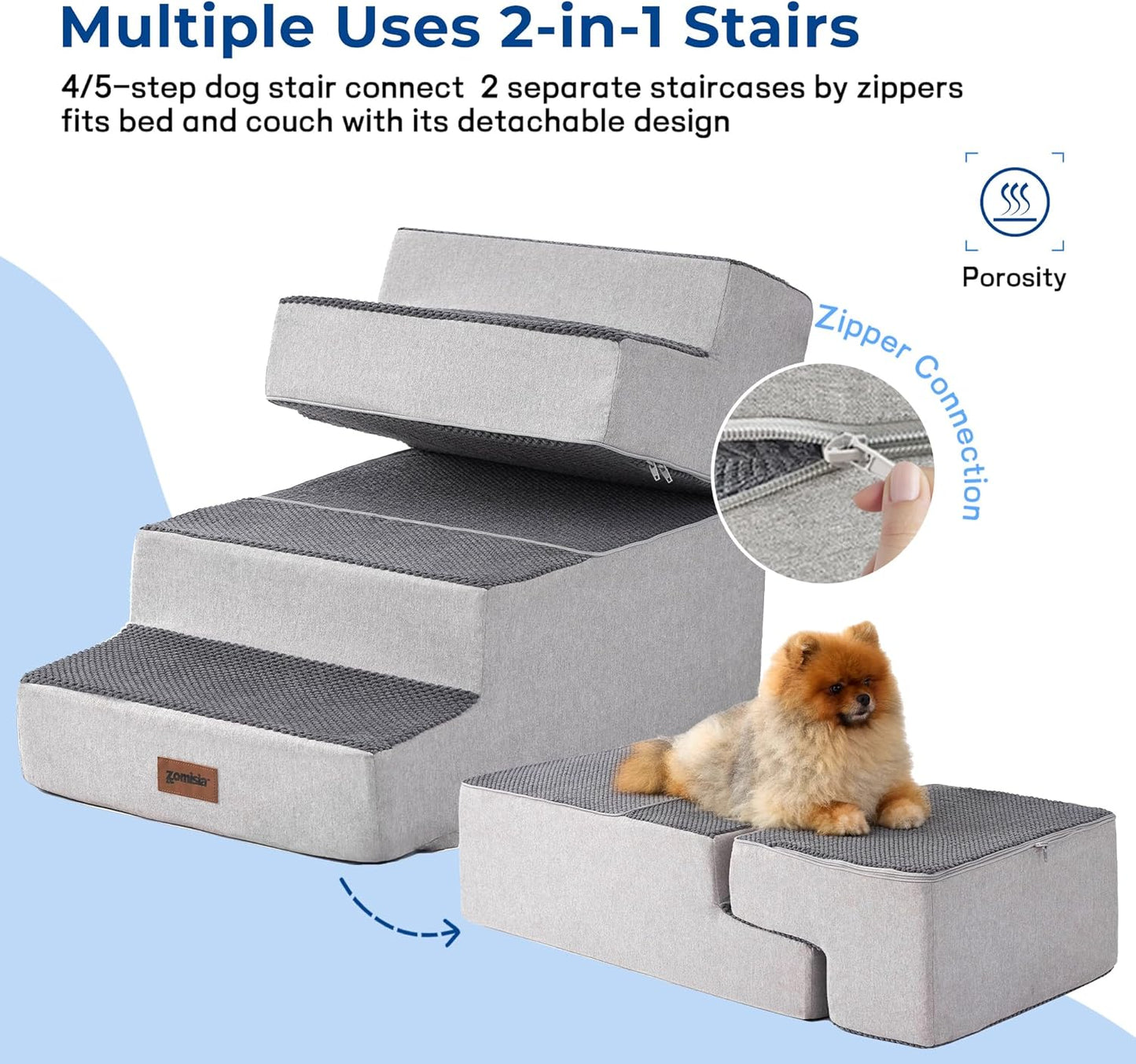 ZOMISIA Dog Ramp for Large Dogs - 24"H 5-Step Pet Stairs for High Beds with Tunnel, 2-in-1 Design with Zippers, Suitable for Indoor Cat Ladders with Non-Slip Bottom, Beige