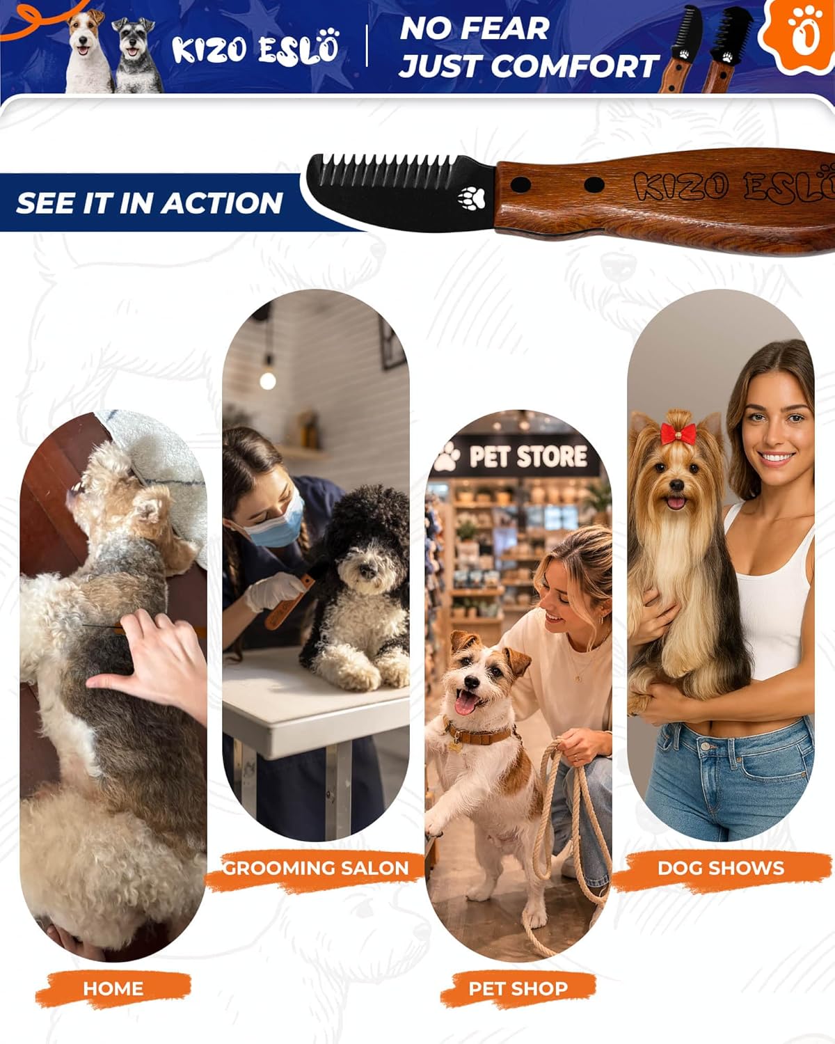 KIZO ESLO Dog Dematting Brush & Undercoat Rake for Doodles, Poodles & Long-Haired Pets, Detangling Comb for Thick Curly Coats, Removes Mats, Knots & Tangles, Stainless Steel Teeth with Wooden Handle