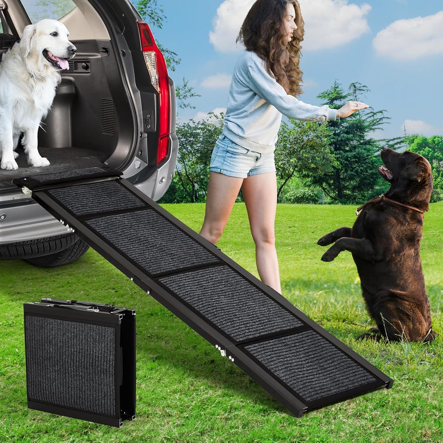 Dog Ramp for Car, 63" Long & 20" Wide Folding Dog Ramps for Car, Portable Pet Car Ramp with Non-Slip Surface, Outdoor Dog Car Ram-p Up to 250 LBS, Extra Wide Steps for SUV Car & Truck