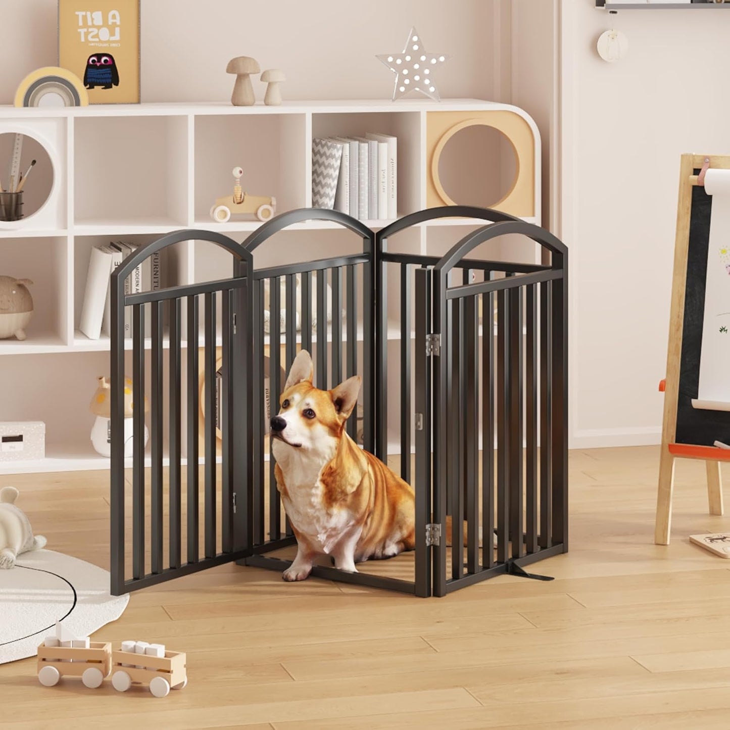 Folding No-Assembly Freestanding Dog Gate with Door,32" Heights Foldable Pet Fence,144" Extra Wide Accordion Puppy Folding Playpen for Doorways,House,Stairs (6 Panels,White)