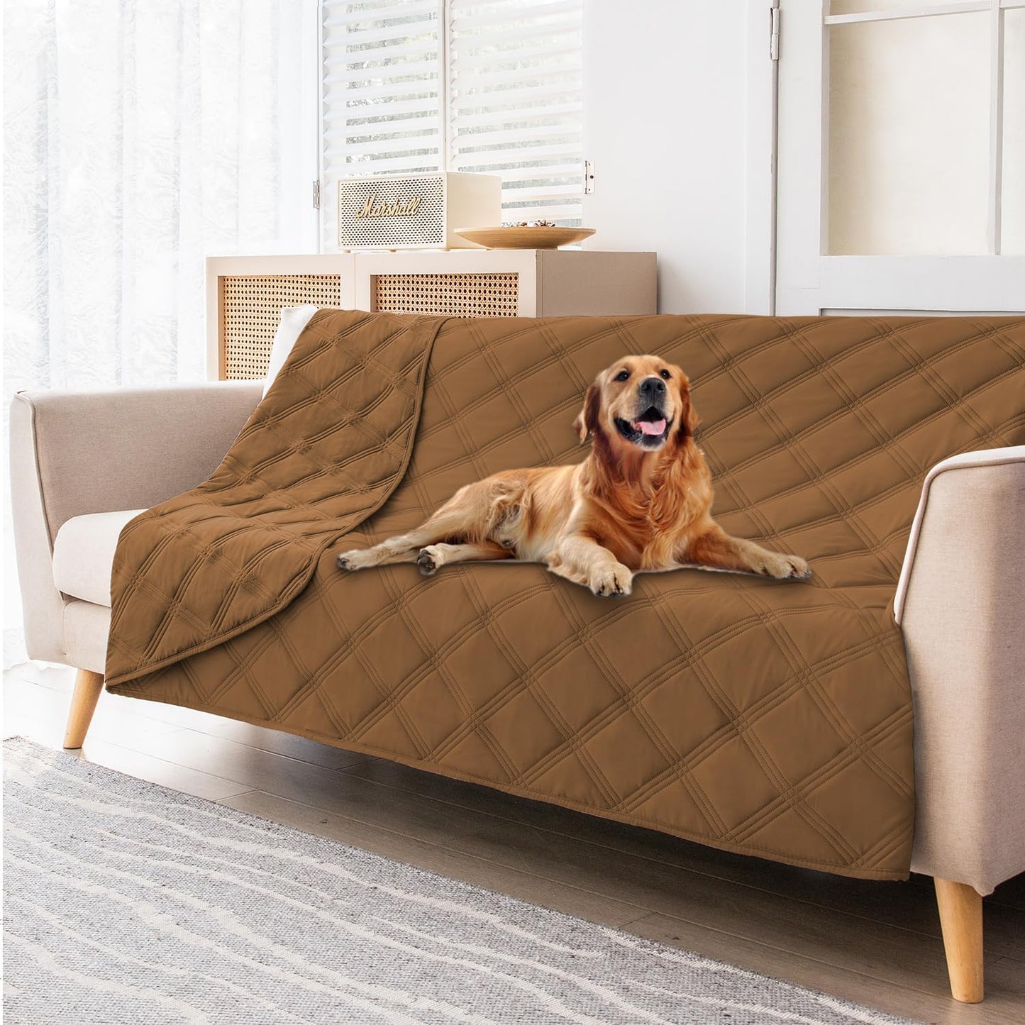 fuguitex Waterproof Dog Blanket, Pet Friendly Reversible Throw Essential for Small Dogs, Tear Resistant Leakproof Washable Couch Cushion Bed Protector Cover for Indoor Furniture（30"*70",Beige+Cream