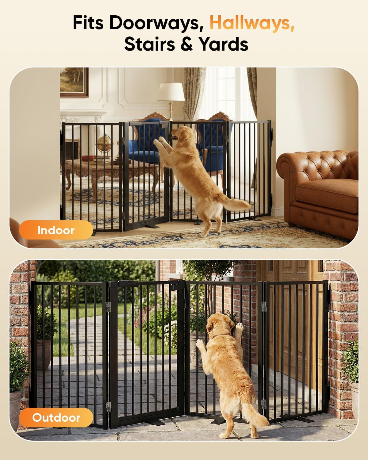 Full Metal Free Standing Dog Gate with Door for Indoor & Outdoor,80'' Extra Wide 32'' Tall Dog Gate for The Doorways,Large Openings,Decks,Porch,Pet Freestanding Safety Fence(4 Panels,Black)