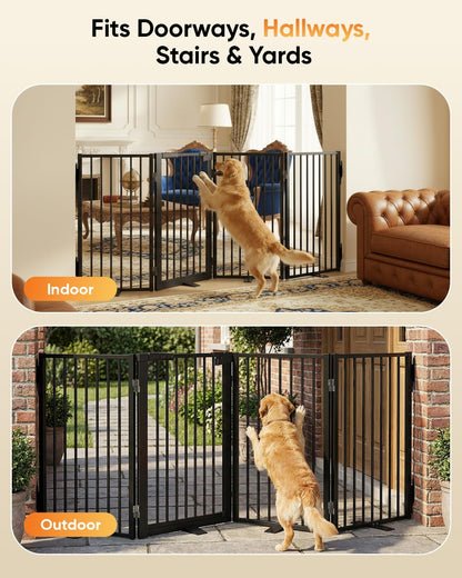 Full Metal Free Standing Dog Gate with Door for Indoor & Outdoor,80'' Extra Wide 32'' Tall Dog Gate for The Doorways,Large Openings,Decks,Porch,Pet Freestanding Safety Fence(4 Panels,Black)