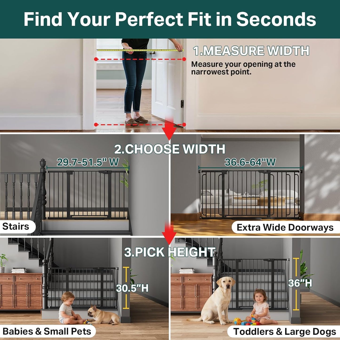 Cumbor 36.6-64" Extra Wide Baby Gate for Stairs, Dog Gates for Doorways, Auto-Close Pet Gate Indoor, Pressure Mounted Walk Through Safety Child Gate for Kids Toddler, Tall Pet Puppy Fence Gate, Brown