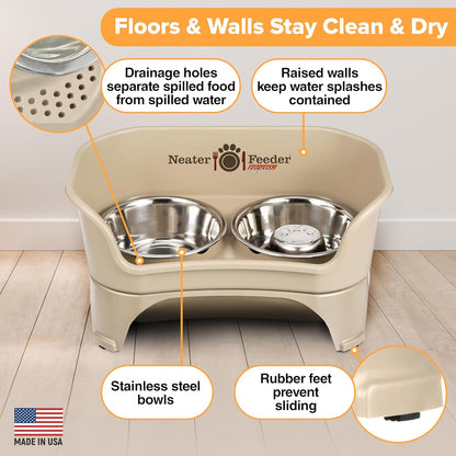 Neater Feeder Express Mess Proof Dog Bowls Elevated for Small Breeds under 15 Lb, Made in USA, No Spill Raised Dog Food Bowl Stand, Stainless Steel Food and Water Bowl Set, Feeding Station, Cappuccino