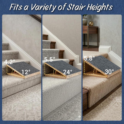 Dog Ramp for Stairs 2 Pack - Adjustable Wooden Stair Wedges for Small Dogs, Foldable Indoor Dog Stair Ramp with Triangular Support and Non-Slip Pads for Senior and Short-Legged Pets
