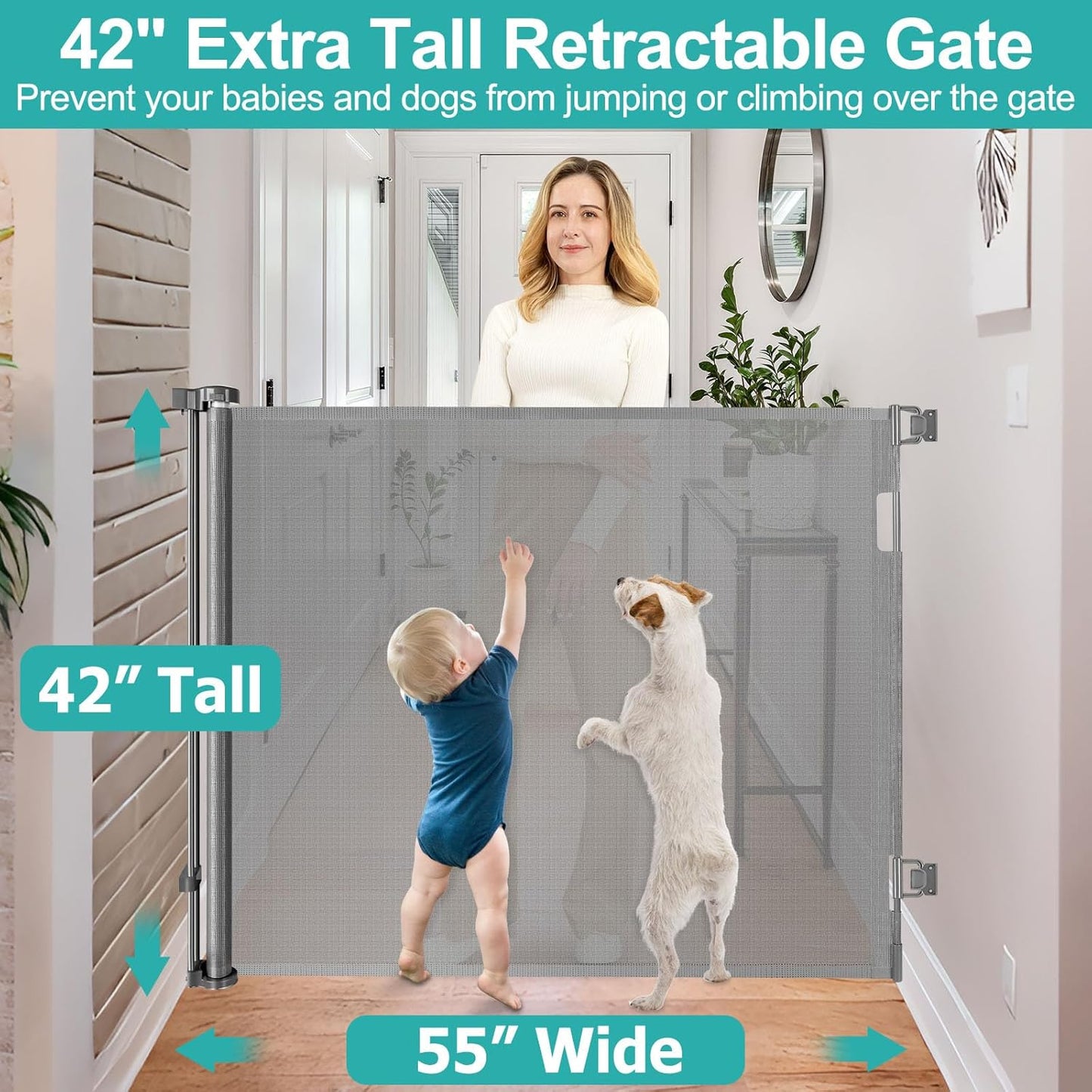 42 Inch Extra Tall Dog Gate Indoor 55” Wide Puppy Gates for The House Prevent Kids/Pets from Jumping Over Retractable Extra Tall Baby Gates for Doorways Retractable Outdoor Pet Gate for Stairs, Black