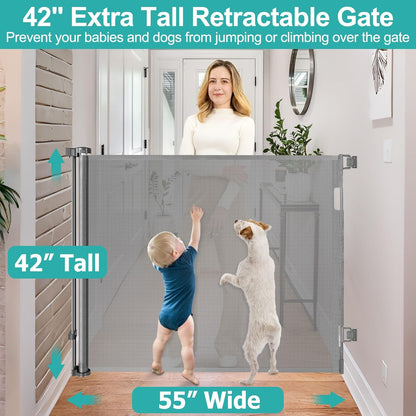 42 Inch Extra Tall Dog Gate Indoor 55” Wide Puppy Gates for The House Prevent Kids/Pets from Jumping Over Retractable Extra Tall Baby Gates for Doorways Retractable Outdoor Pet Gate for Stairs, Black