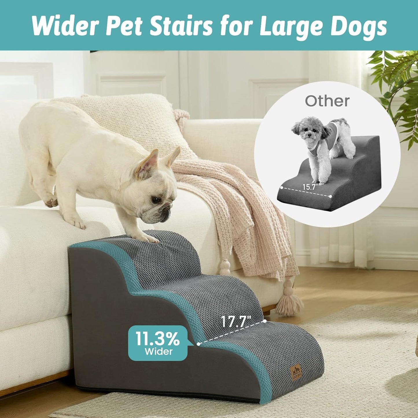COZY KISS Extra Wide Dog Stairs with Tunnel, Foam Detachable Large Dog Step for Small Pet, Puppy or Cats, Medium Pet Ramp for High Bed, Couch, Sofa or Car, 19.7x33x22.4 inch, 5 Step, Beige