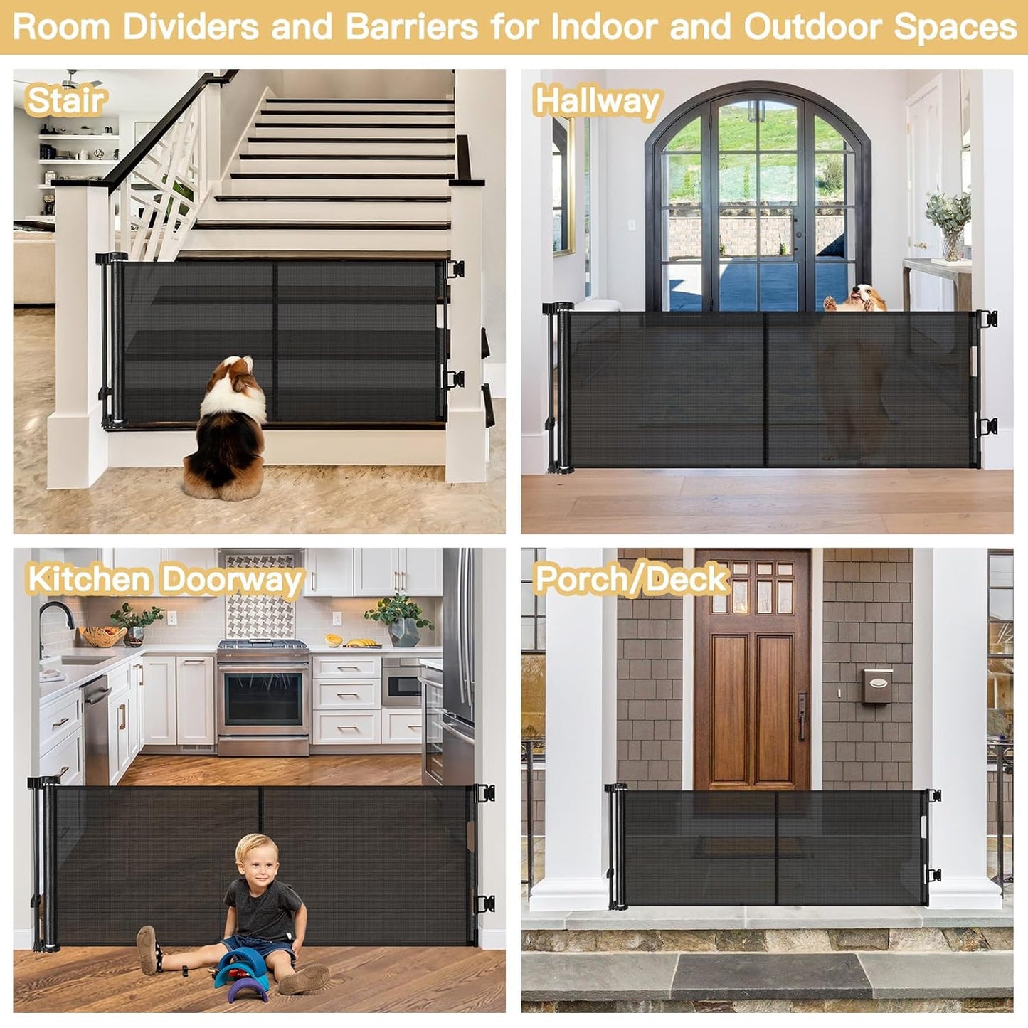 Reinforced 28 Inch Tall Retractable Baby Gates for Dogs, Easy Step Over Pet Gate with Support Rods, 55" Wide Retractable Dog Gate, Puppy Gates for The House Short Dog Gate for Stairs, Doorways, White