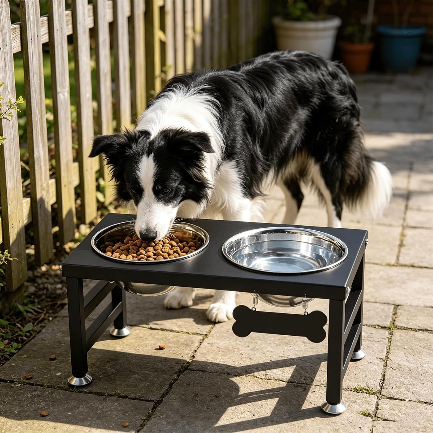 ADENGL Metal Raised Dog Bowl, 10" Tall Elevate Dog Feeder Stand with 2 Stainless Steel 42oz Bowls & 16x24 Non-Slip Mat – Stronger Dogs Food & Water Bowl Stand (Black)