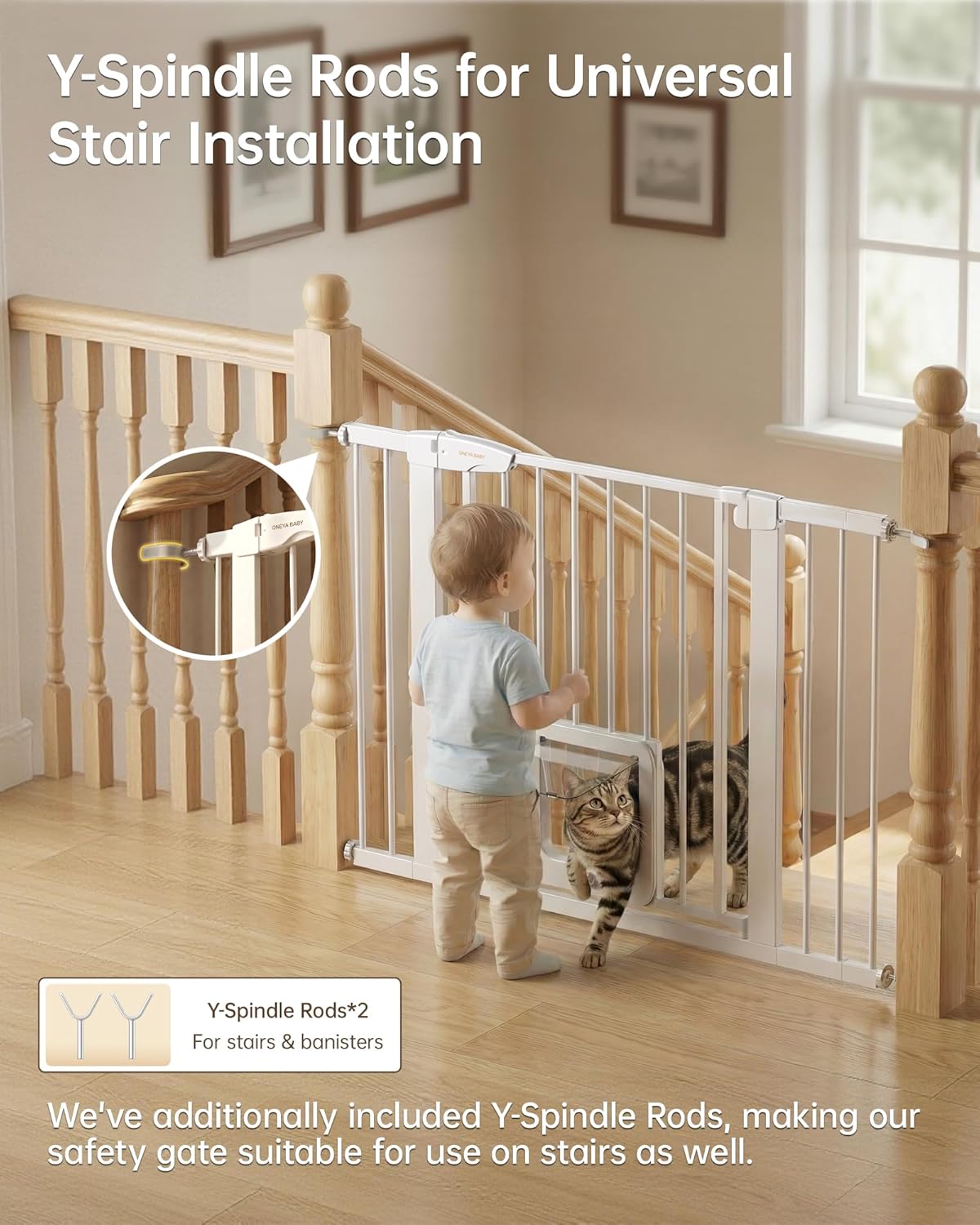 Baby Gate for Stairs, 29.92-48” Wide Pressure Mounted Baby Gate No Drill Needed, Auto Close Dog Gate for Doorways, Easy Walk Through Safety Child Gates for Toddler & Pet/Puppy, Indoor, White