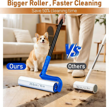 10" Large Lint Roller for Pet Hair Extra Sticky, Long Handle Floor Sticky Rollers with Big Lint Roller Refills for Cleaning Carpets, Cars, Furniture,Clothing, and Pet Hair,Green