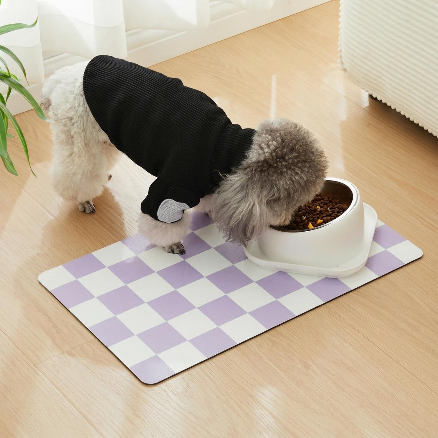 Checkered Dog Feeding Mat, Absorbent Mats for Dog Food and Water Bowl, Dispenser, Retro Aesthetic Khaki Beige Checkerboard Pet Placemat for Dogs, Cats, Puppy Accessories, 12" X 19”