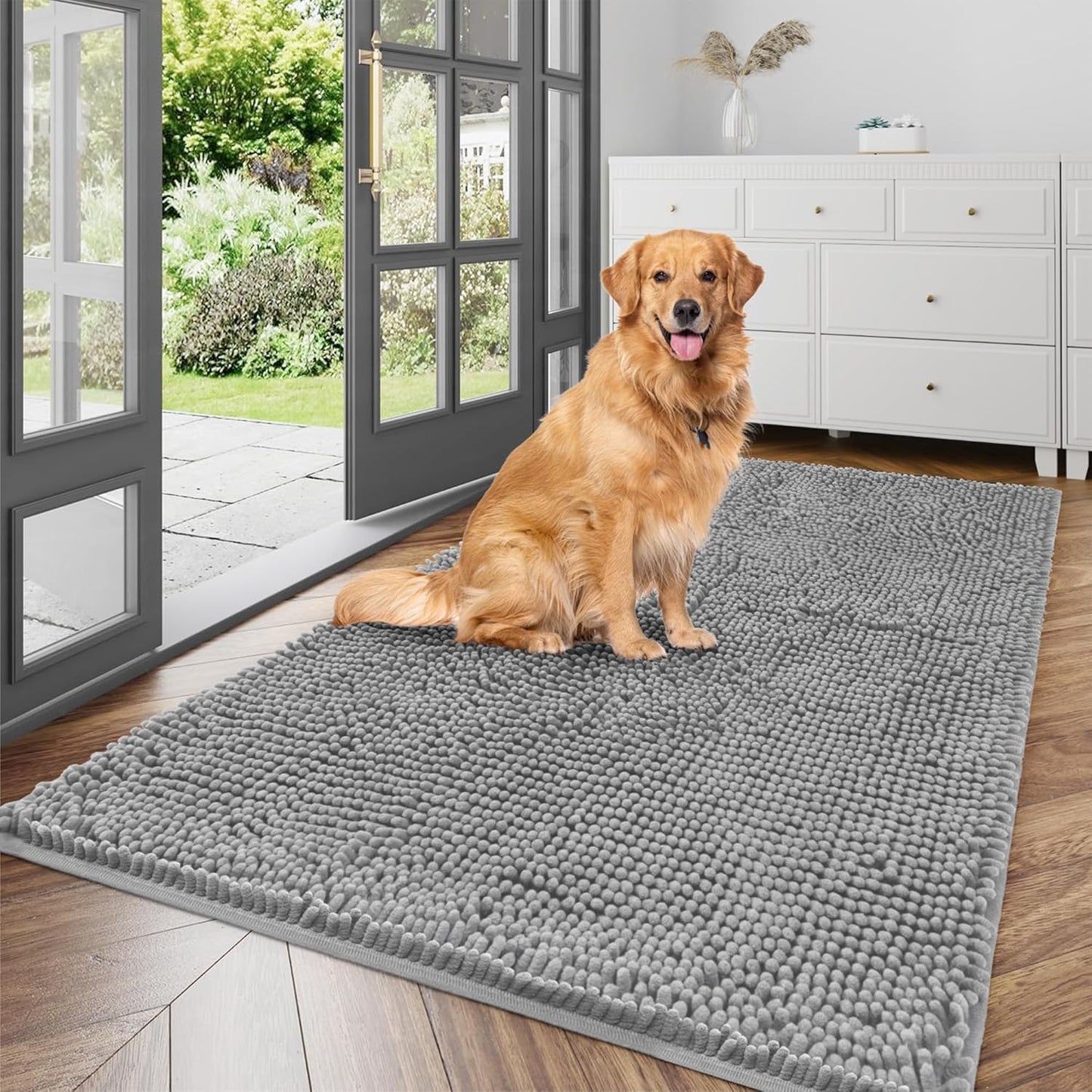 Ultra Absorbent Dog Door Mat for Muddy Paws, 60" x 36" Chenille Mud Mat for Dogs, Quick Dry, Trap Dirt Non-Slip Machine Washable Entry Rug for Indoor Outdoor Entrance, Dark Grey
