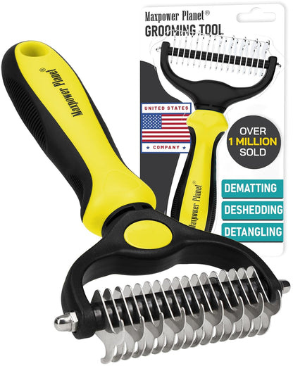 Maxpower Planet Dog Rake and Dog Hair Brush - Gently Removes Loose Undercoat, Mats and Tangled - Deshedding Grooming Tool for Dogs & Cats - Self Cleaning Slicker Brush - All Hair Types