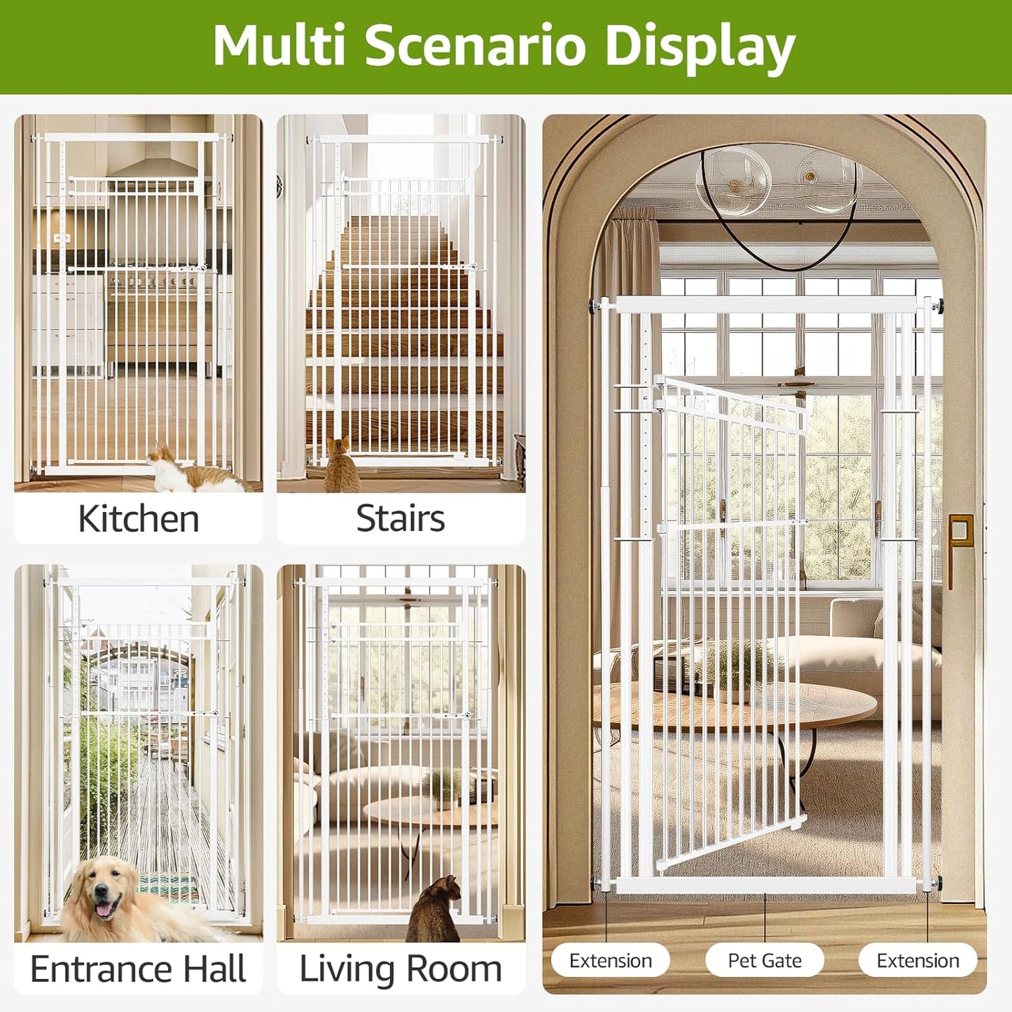 78.8" Extra Tall Pet Gate for Cat/Dog, 32.8-37.4" Wide Tall Cat Gate for Doorways/Hallways, NO Drilling Pressure Mounted Dog Gate for Stairs, Studio, Kitchen (Black)
