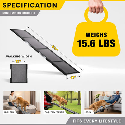 Portable Dog Ramp for Car – Foldable Dog Car Ramp for Truck, SUV, High Bed & Sofa with Anti-Slip Feet & Traction Carpet – Small to Large Breeds (63" Long & 17" Wide)