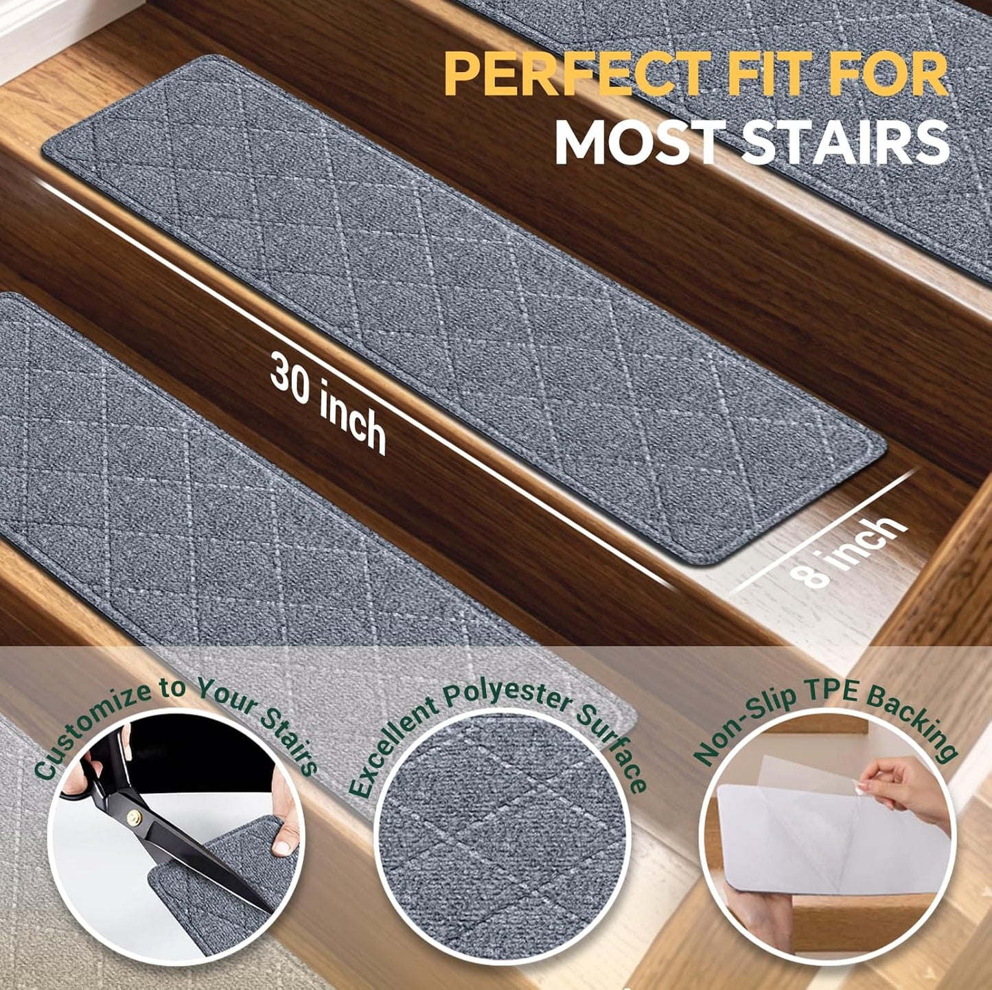 Stair Treads Non-Slip for Wooden Steps, 15Pack - 8" x 30" Edging Stair Runner Indoor for Kids Elders & Pets, Washable Carpet Stair Treads with Peel & Stick Reusable TPE Backing, Beige