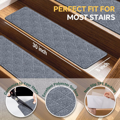Stair Treads Non-Slip for Wooden Steps, 15Pack - 8" x 30" Edging Stair Runner Indoor for Kids Elders & Pets, Washable Carpet Stair Treads with Peel & Stick Reusable TPE Backing, Beige