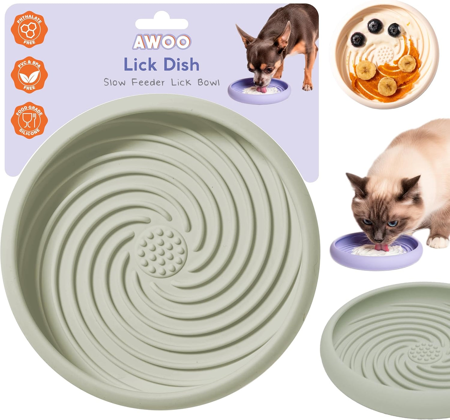 Awoo Lick Dish - Silicone Lick Mat + Slow Feeder for Cats & Small Dogs - Non-Slip Design with Suction Cups - Dishwasher Safe, Extends Mealtime, Reduces Anxiety (Periwinkle)