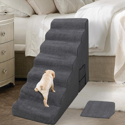 Dog Stairs for High Beds 30-36 inches Tall, 6-Step Dog Steps for Bed 32-36 inches for Small Large Dogs, Doggie Ramp for Bed, 30D Foam Pet Stairs for Old Dogs/Cats, Free-Installation, Grey