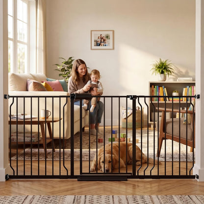 Extra Wide Baby Gate with Door, 52.76~62.2 Inch Wide Presure Mounted No Drill Metal Auto Close Child Gate for Stair Doorway - Indoor Outdoor Safty Gate for Toddler Dog Doggie, Black