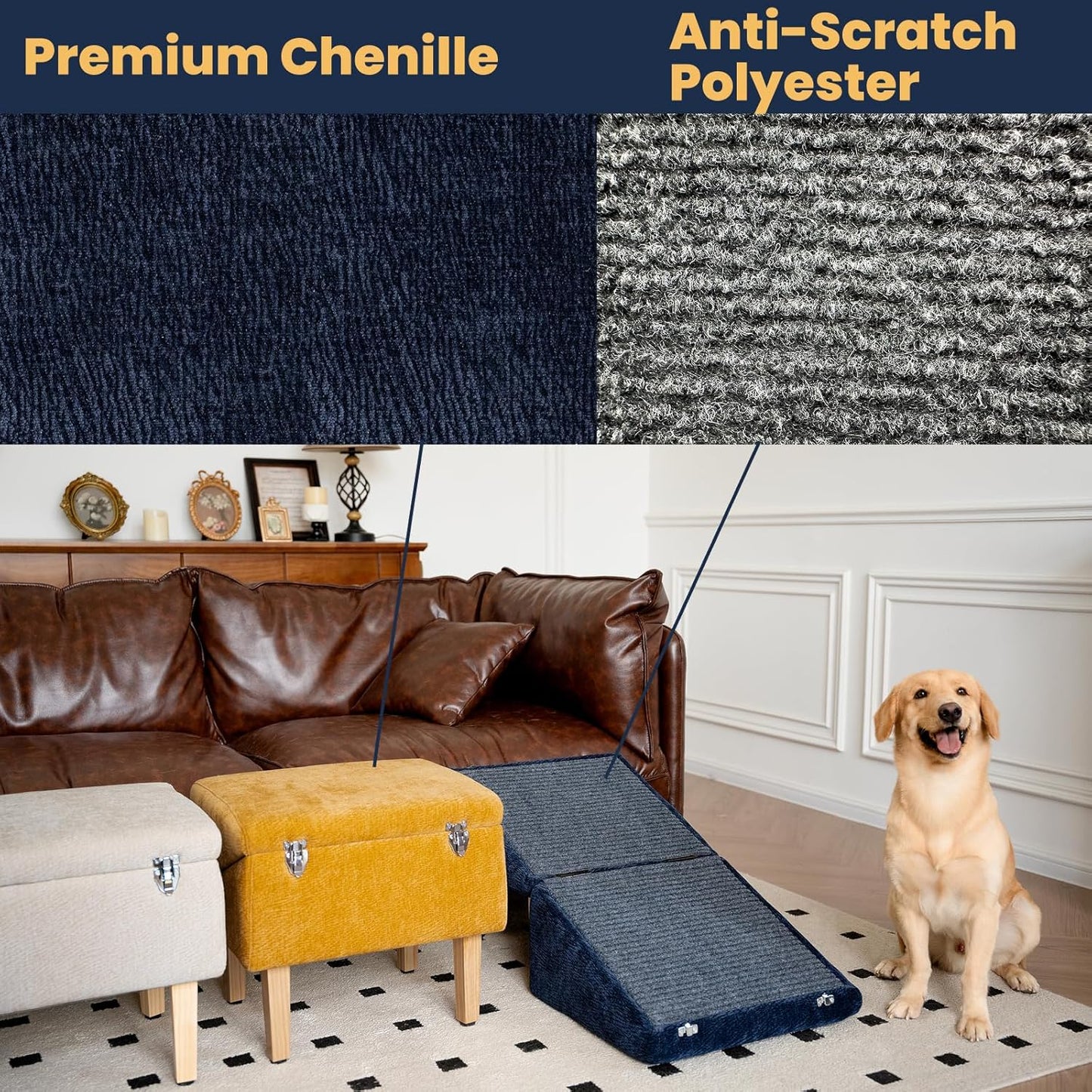 3-in-1 Dog Ramp 18.9"×17.7"×18.9" with Storage – Pet Stairs for Senior & Injured Dogs & Cats, Hidden Storage Footstool, Ottoman Anti-Slip, Supports 220 lbs for Beds & Sofas (Blue-pro)