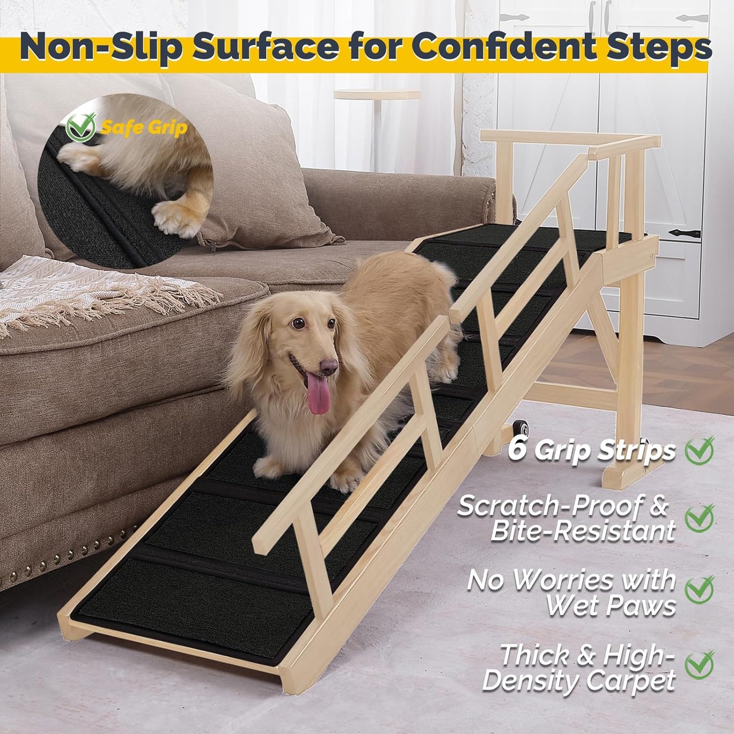 Dog Ramp for Bed or Couch, Wooden Pet Ramp with 20° Gentle Slope, Removable Side Rails, Non-Slip Surface, Top Platform & Wheels, Safe Bed Ramp for Small, Large & Senior Dogs, 60" Long, Mahogany