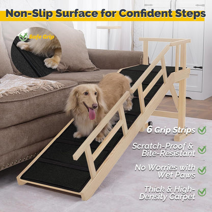 Dog Ramp for Bed or Couch, Wooden Pet Ramp with 20° Gentle Slope, Removable Side Rails, Non-Slip Surface, Top Platform & Wheels, Safe Bed Ramp for Small, Large & Senior Dogs, 60" Long, Mahogany