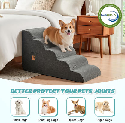 IFNOW Dog Stairs for Small Dogs 15.7''H, 4-Step Sturdy Dog Steps for Bed, Couch, Sofa, Waterproof Pet Stairs for Older Cats, Puppy, Removable Washable Cover, Non-Slip Curved Pet Ramp Indoor, Grey
