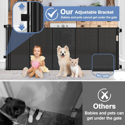 Reinforced 90 Inch Retractable Baby Gates Extra Wide Baby Gate with Reinforced Strips, 7.5ft Long Retractable Dog Gate for The House 33 Inch Tall Extra Long Pet Gates for Wide Openings, Black