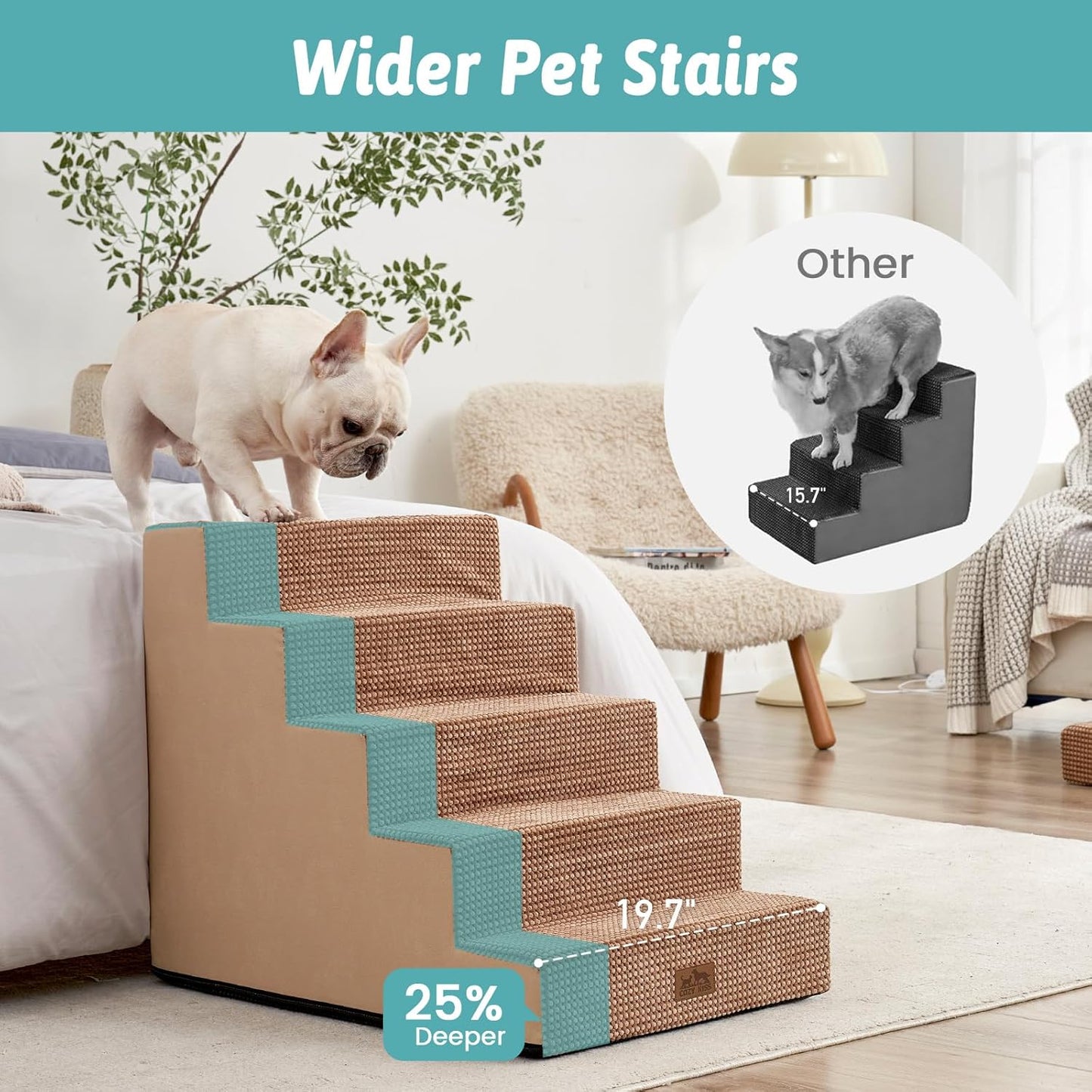 COZY KISS Dog Stairs for Small Dogs, 4 Tier Wider Pet Stairs for Couch and Beds, 17.7" H Non-Slip Dog Steps for Old Cats, Puppy, Small Medium Dogs, 17.7x23.6x17.7 inch, Beige