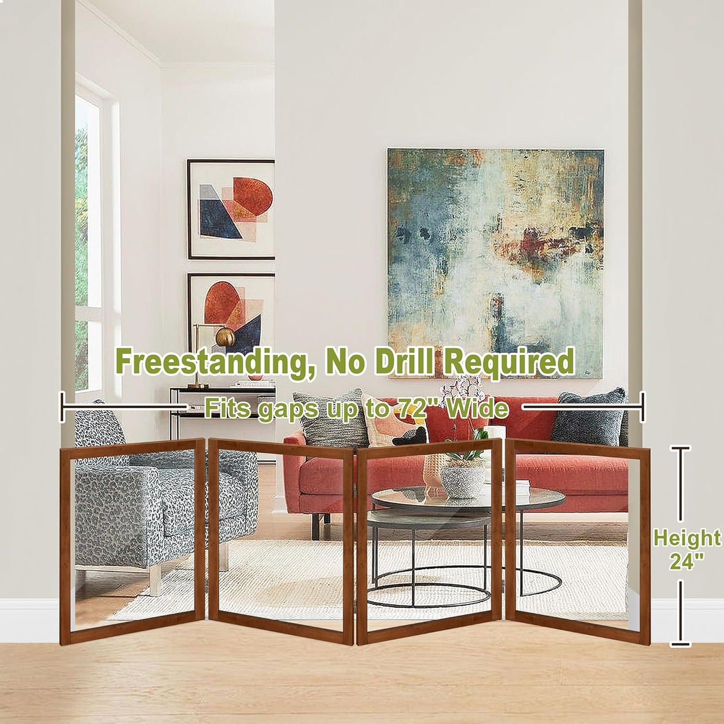 LZRS Clear Dog Gate for Indoor Use - Transparent Pet Fence with Solid Hardwood and Plastic Board, Stylish & Durable freestanding Pet Gate for Doorways, Stairs and Hallways-2 Panel Cherry