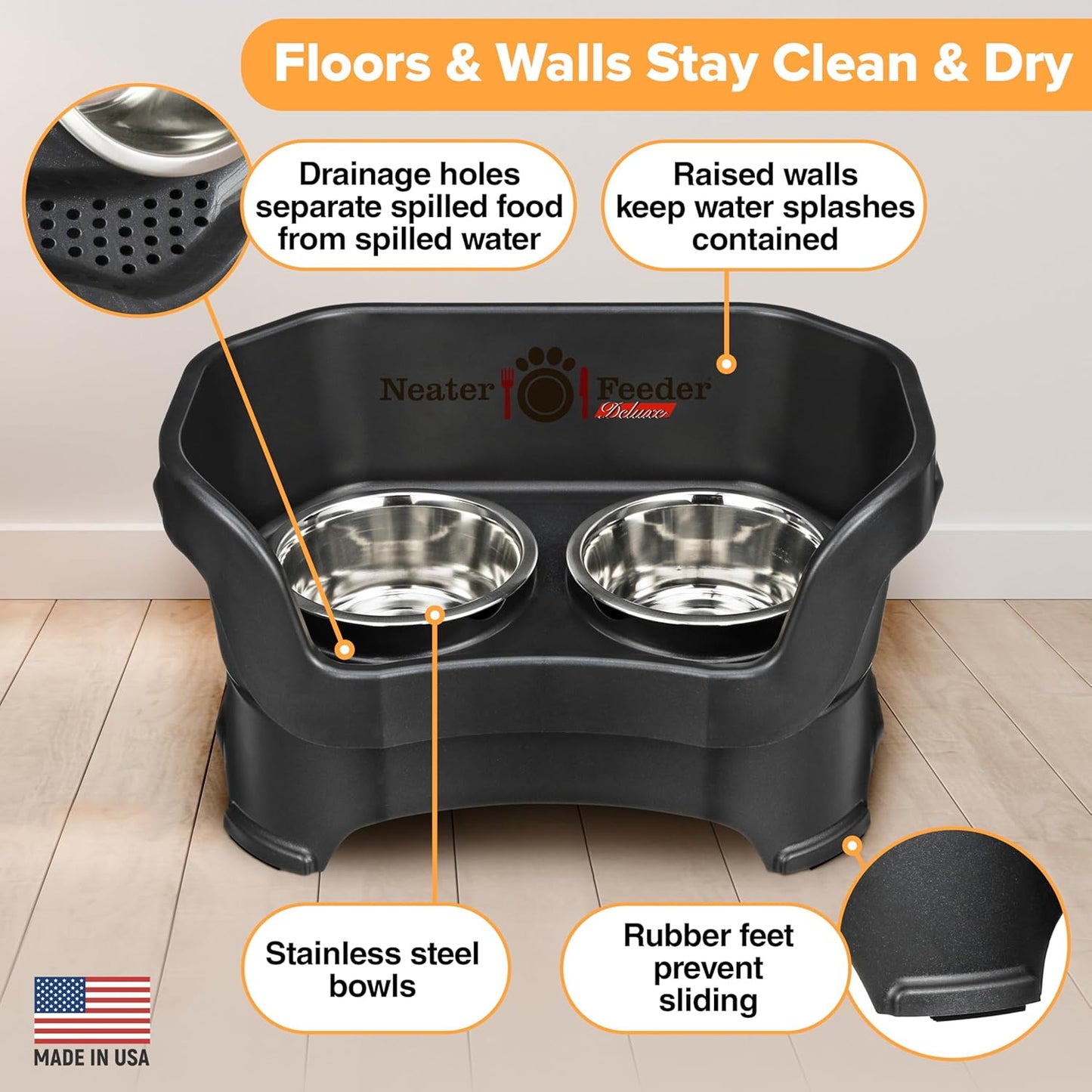 Neater Pet Brands Neater Feeder Deluxe Mess Proof Dog Bowls Elevated for Large Dogs Over 40 lbs, Made in USA, No Spill Raised Dog Food Bowl Stand Feeding Station, Food and Water Bowl Set, Black