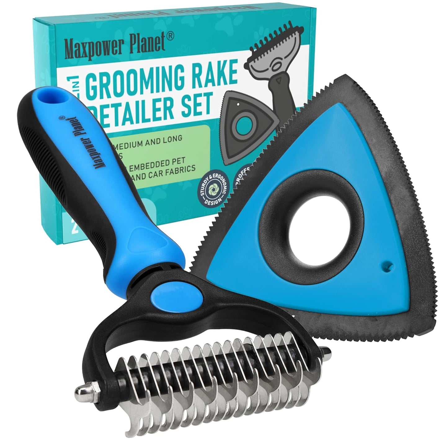 Maxpower Planet Dog Rake and Dog Hair Brush - Gently Removes Loose Undercoat, Mats and Tangled - Deshedding Grooming Tool for Dogs & Cats - Self Cleaning Slicker Brush - All Hair Types