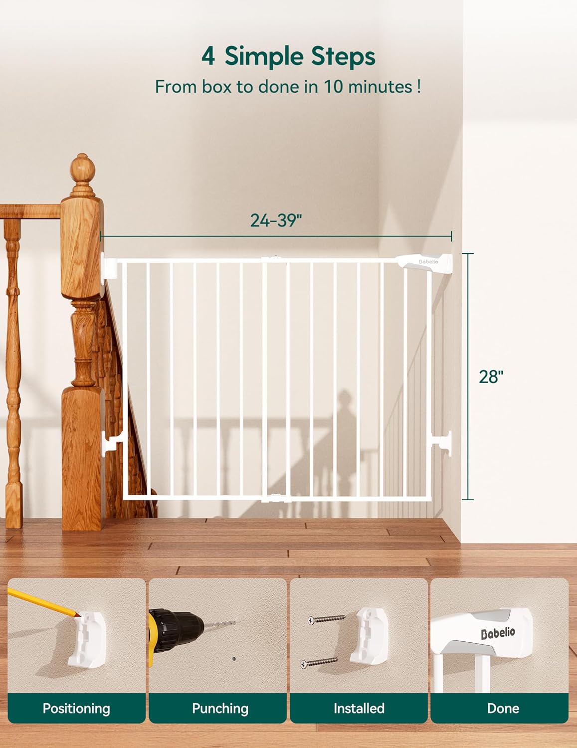 Babelio Baby Gate for Stairs, Kitchen & Doorways, 26-43" W 28" H No Bottom Bar| Easy Installation| One-Handed Operation| Auto-Close| Hardware Mount (Drill Needed) Safety Dog/Pet Gate Indoor (White)